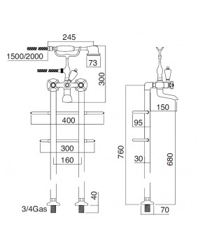 SBORDONI Pisa PI116p Bateria wannowa wolnostojąca nikiel z wieszakami